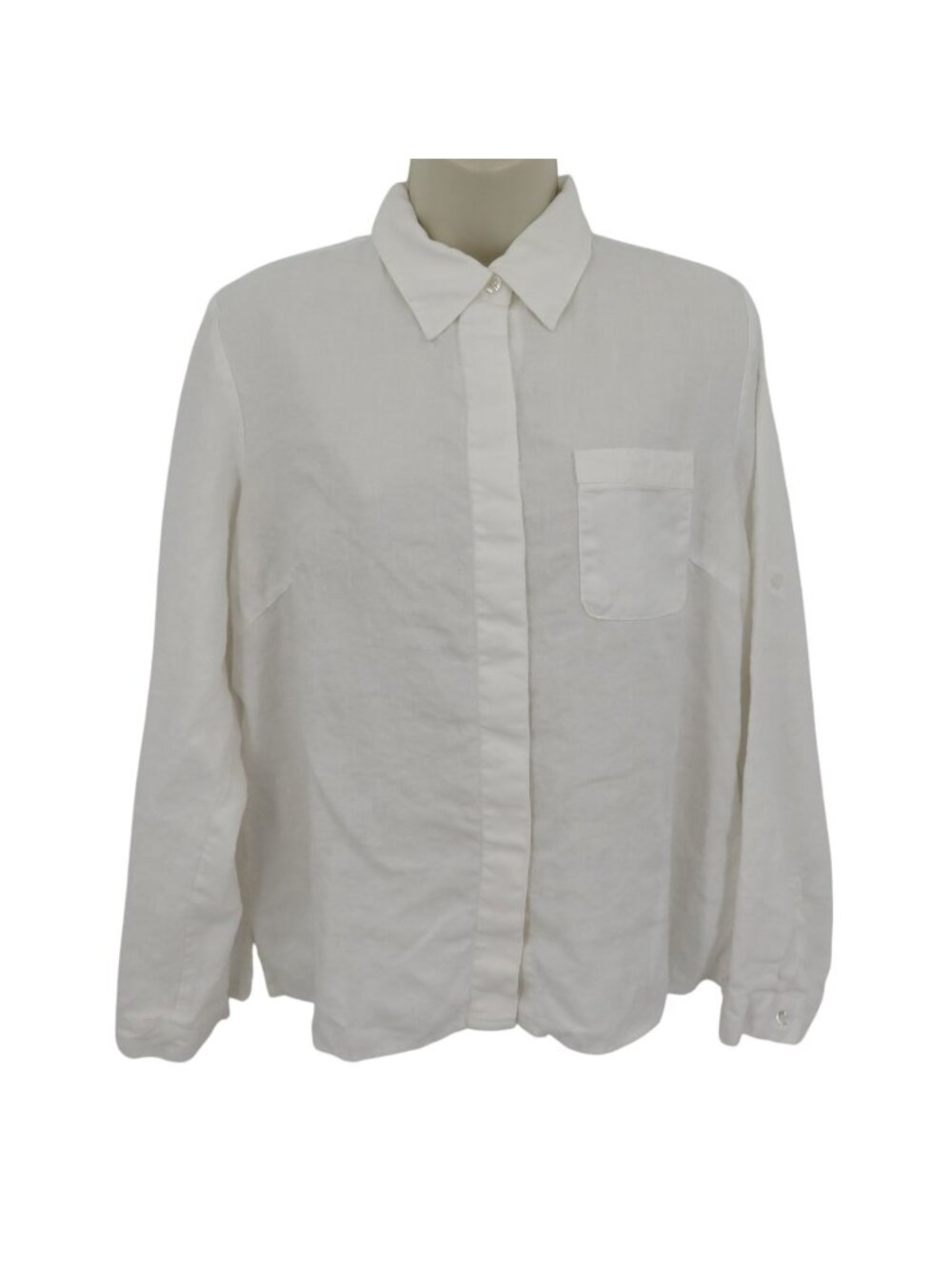 Ecologie Women Large Solid White All Linen Collared Button Shirt Long Sleeve